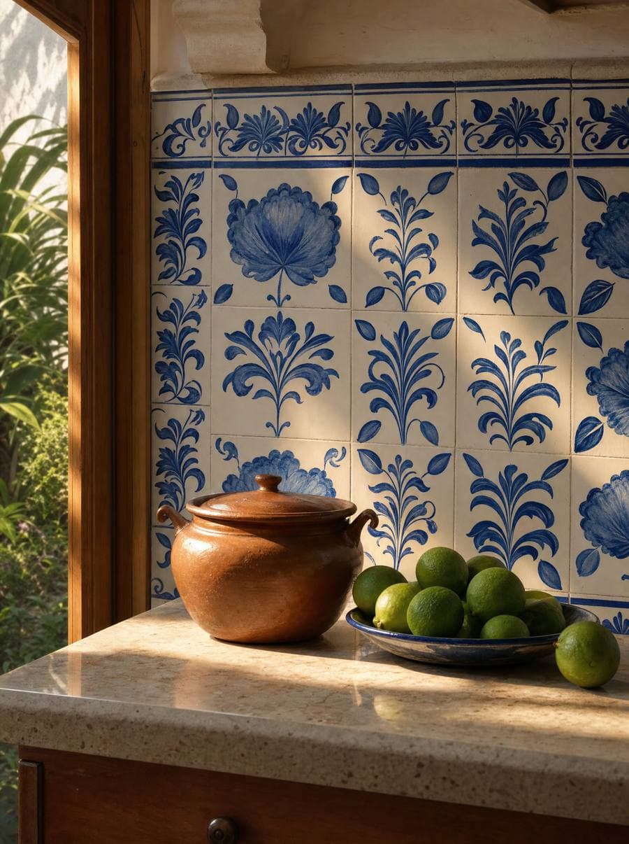 Cocina de inspiración tradicional con azulejo azul