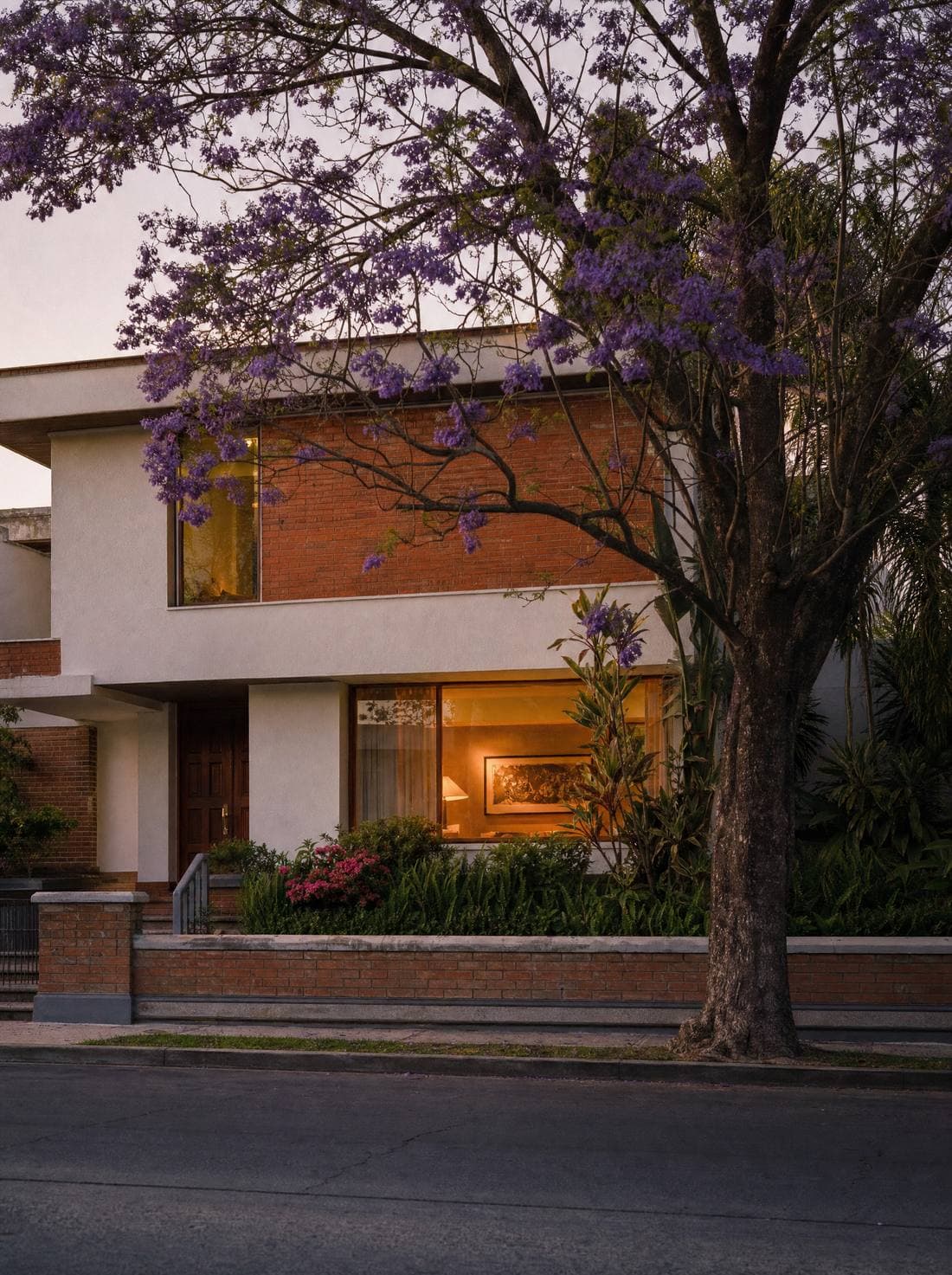 Arquitectura tapatía entre árboles y luz cálida