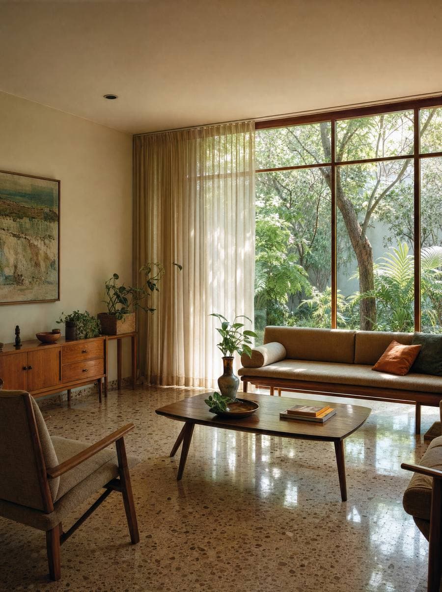 Sala de inspiración tapatía con ventanales abiertos al jardín
